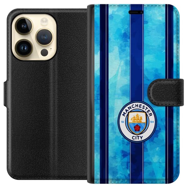 Kompatibel Tegnebogsetui til Apple iPhone 14 Pro Stort cirkelformet fodboldemblem mod lyseblå og mørkeblå lodrette striber med subtil tekstur blå
