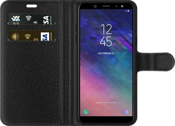 Kompatibel Tegnebogsetui til Samsung Galaxy A6 (2018) Audi – Sølvfarvede ringe – Fire sølvfarvede ringe over grå og sorte diagonale linjer på grå bag grå