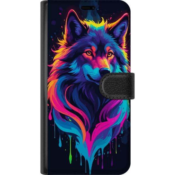 Kompatibel Tegnebogsetui til Apple iPhone 12 Regnbueulvekunst i farverig Neon Splash-stil