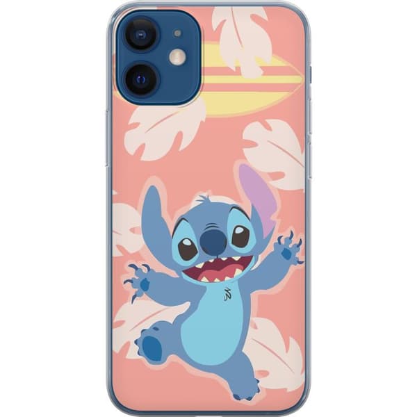 Kompatibelt Mobildeksel til Apple iPhone 12 Glad illustrasjon av Stitch som hopper foran en rosa bakgrunn med et surfebrett