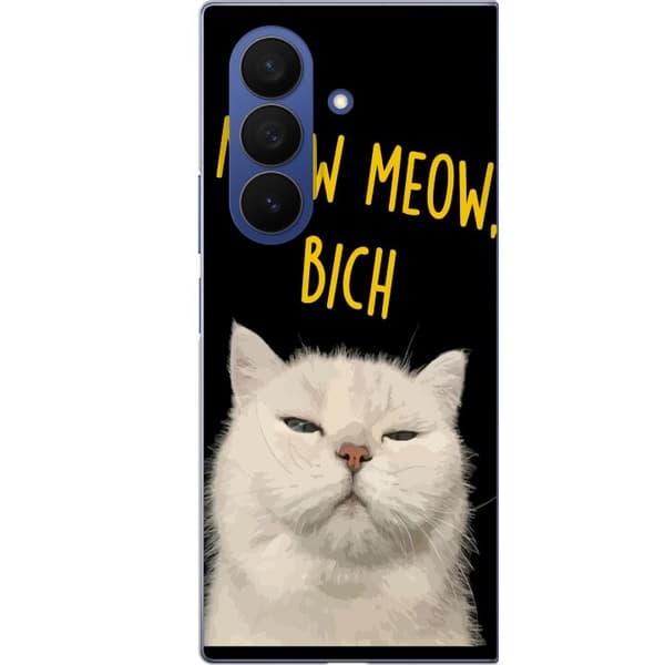 Kompatibel Mobilcover til Samsung Galaxy Z Fold7 Hvid kat med et kækt udtryk og gul Meow Meow Bich-tekst mod sort baggrund sort