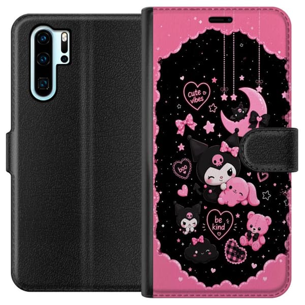 Kompatibel Tegnebogsetui til Huawei P30 Pro Søde lyserøde og sorte gothfigurer med hjerter, måne, stjerner og positiv tekst sort