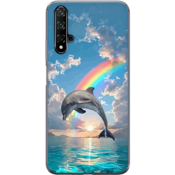 Kompatibelt Mobilskal till Huawei nova 5T Realistisk delfin framför regnbåge över lugnt hav blå