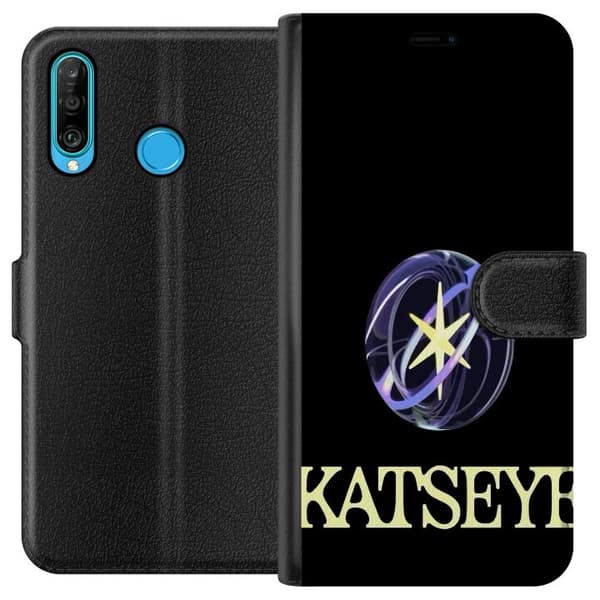 Kompatibel Tegnebogsetui til Huawei P30 lite KATSEYE-logo med gul stjerne, lilla omløbsringe og lys typografi mod sort baggrund sort