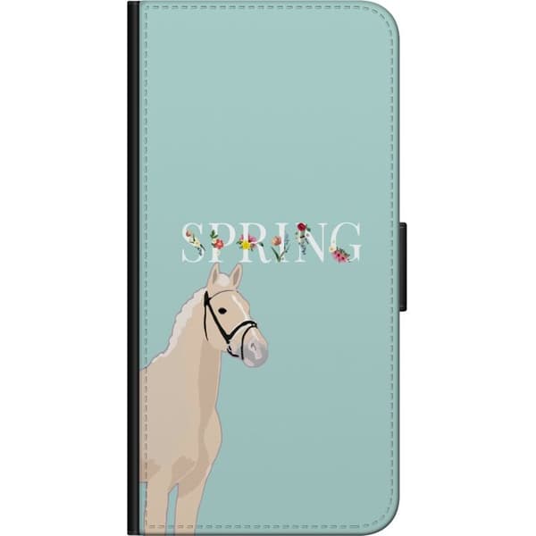 Kompatibel Tegnebogsetui til Nokia 2.4 Lys hest med blomster og teksten "Spring" på mintgrøn baggrund grøn