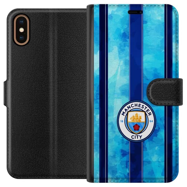 Kompatibel Tegnebogsetui til Apple iPhone X Stort cirkelformet fodboldemblem mod lyseblå og mørkeblå lodrette striber med subtil tekstur blå