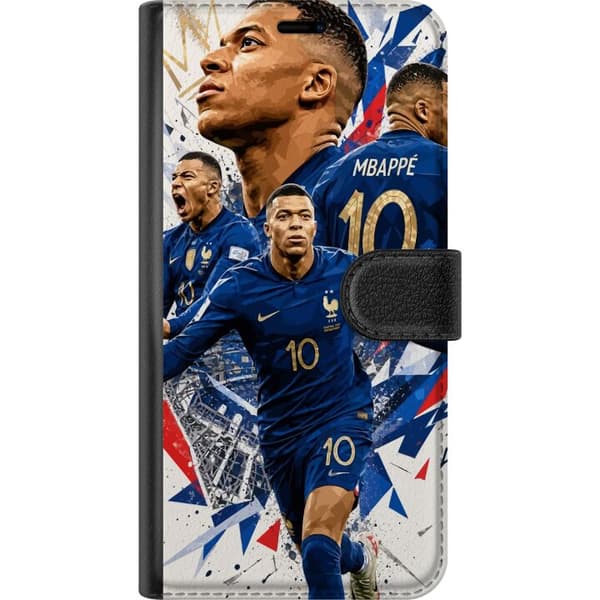 Kompatibel Tegnebogsetui til Apple iPhone 6 Kylian Mbappé i dynamisk fodboldcollage med blå, hvide og røde detaljer blå