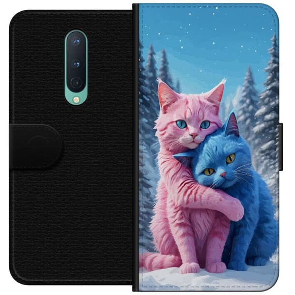 Kompatibel Tegnebogsetui til OnePlus 8 Søde lyserøde og blå katte, der krammer i sneklædt vinterlandskab blå