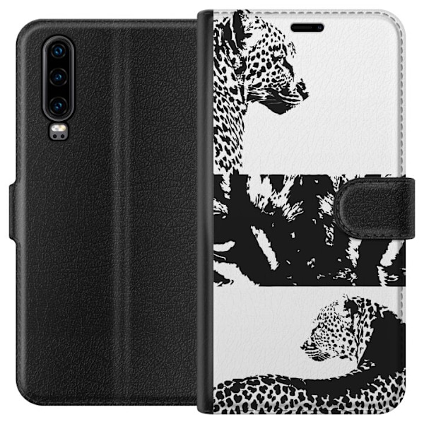 Huawei P30 Tegnebogsetui Leopard Faces