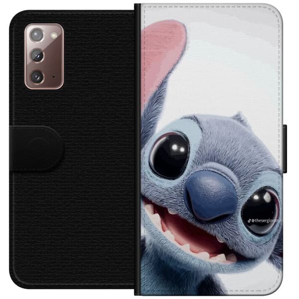Kompatibel Tegnebogsetui til Samsung Galaxy Note20 Glad blå fantasivæsen med store sorte øjne og stort smil mod lys baggrund blå