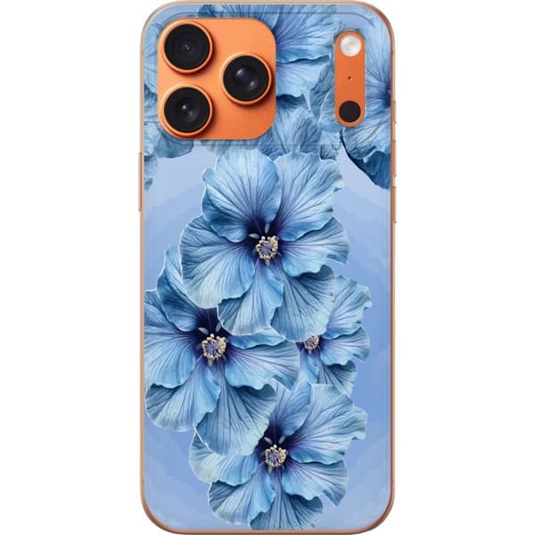 Kompatibelt Mobildeksel til Apple iPhone 18 Pro Max Store lyseblå blomster med mørkeblå sentrum mot blå bakgrunn blå