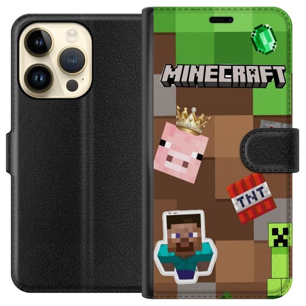 Kompatibel Tegnebogsetui til Apple iPhone 15 Pro Blokinspireret motiv med figurer, dynamit, krone og grønne pixelruder brun