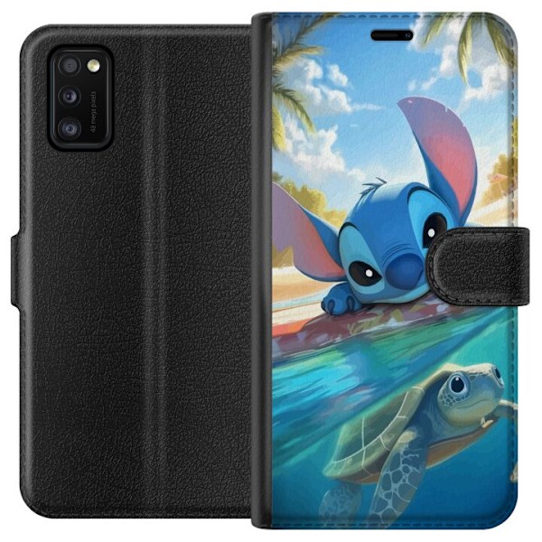 Samsung Galaxy A41 Tegnebogsetui Stitch med skildpadde - sød blå alien i tropisk strandmiljø fra Disney