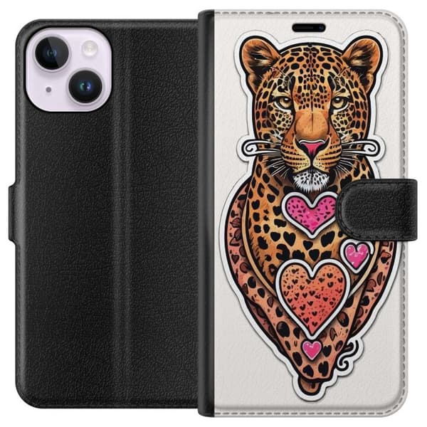 Kompatibel Tegnebogsetui til Apple iPhone 14 Illustreret leopard med lyserøde og orange hjerter, sorte pletter og dekorative detaljer orange