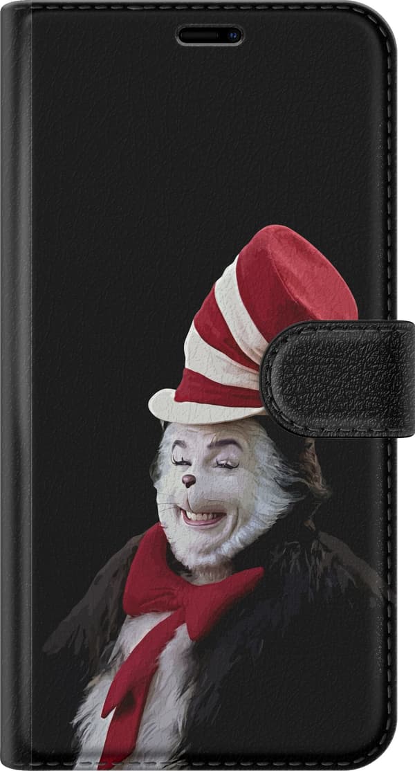 Kompatibel Tegnebogsetui til Apple iPhone 11 Pro Max Smilende sort-hvid kat med høj rød- og hvidstribet hat og rød sløjfe mod sort baggrund sort
