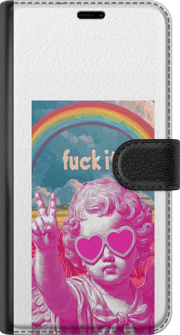 Kompatibel Tegnebogsetui til Apple iPhone 18 Pro Lyserød klassisk statue med hjerteformede solbriller, fredstegn, regnbue og "Fuck It"-tekst pink