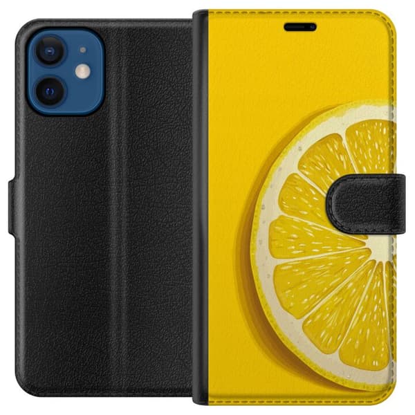 Kompatibel Tegnebogsetui til Apple iPhone 12 mini Nærbillede af en frisk citronskive på gul baggrund gul
