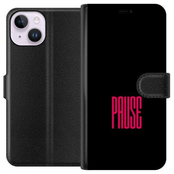 Kompatibel Tegnebogsetui til Apple iPhone 14 Sort baggrund med stærk pink Pause-tekst, minimalistisk typografisk motiv med moderne grafisk design sort