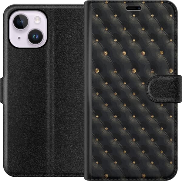 Kompatibel Tegnebogsetui til Apple iPhone 14 Plus Sort geometrisk diamantmønster med små guldfarvede dekorative detaljer sort