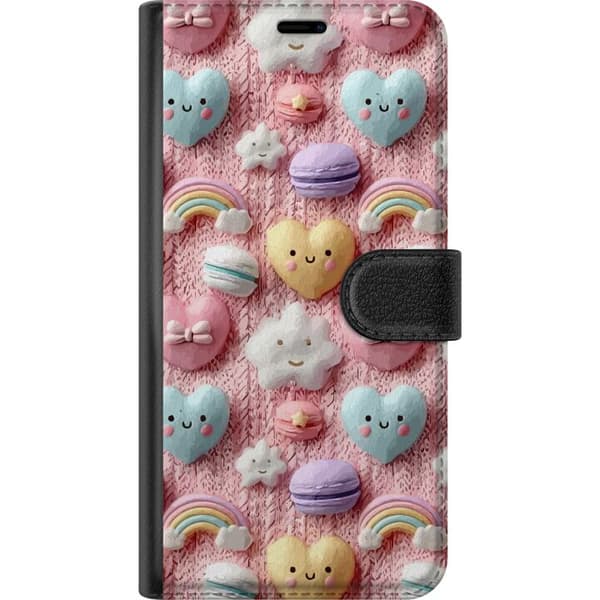 Kompatibel Tegnebogsetui til Apple iPhone 15 Plus Sød pastelmotiv med hjerter, stjerner, regnbuer og macarons pink