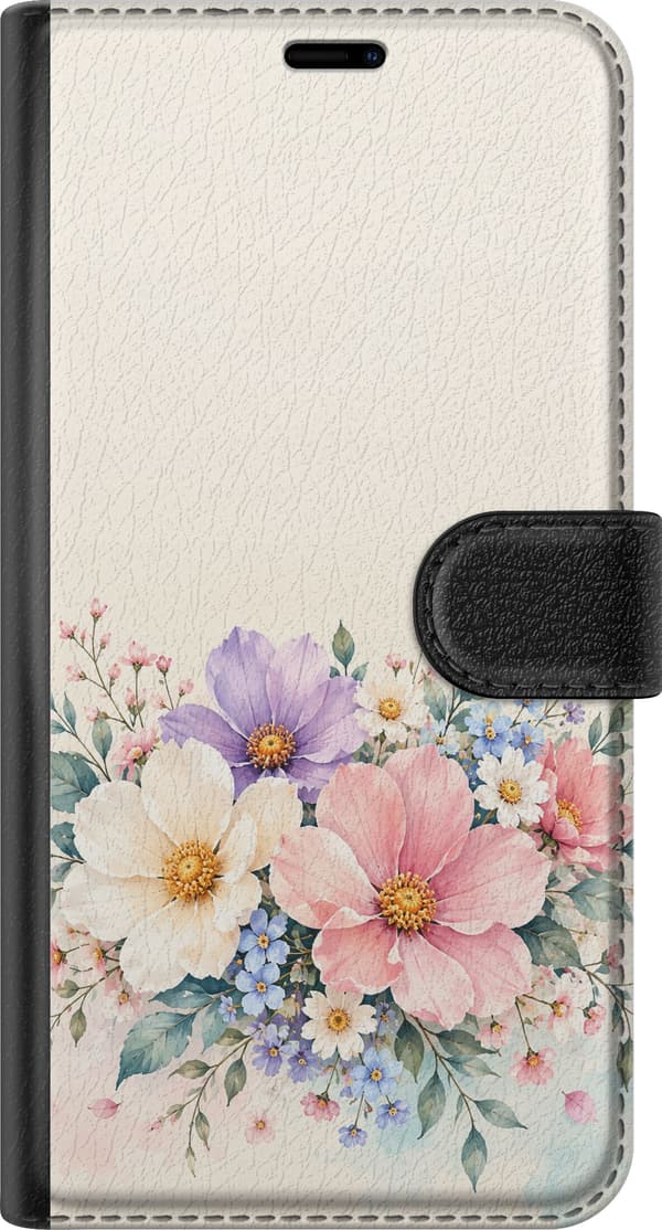 Kompatibel Tegnebogsetui til Apple iPhone 7 Plus Sommerblomster i pastelfarver – Store hvide og lyserøde blomster med gule midter, små blå og lilla b beige