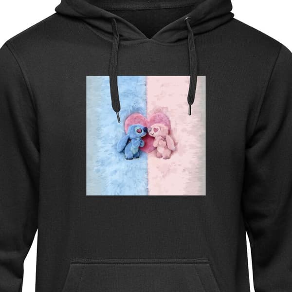 Hoodie til Voksen Sort X-Large Søde blå og lyserøde figurer foran et stort lyserødt hjerte sort XL