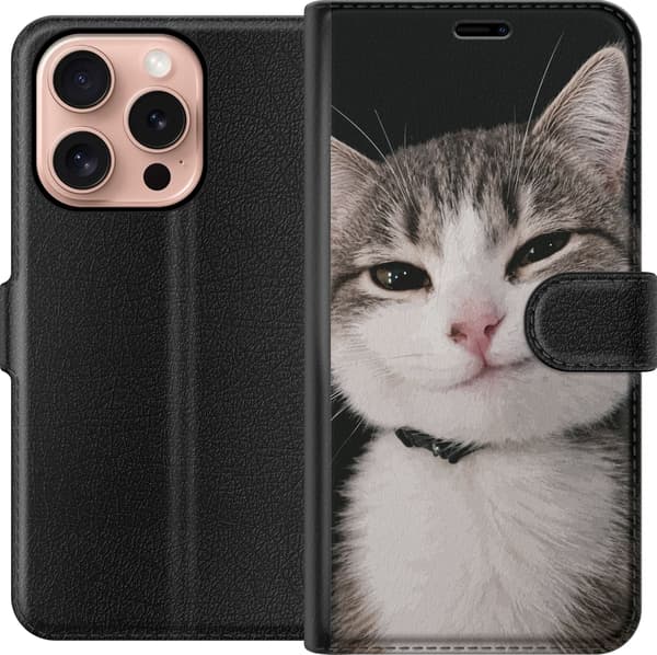 Kompatibel Tegnebogsetui til Apple iPhone 16 Pro Portræt af en sort-hvid kat med halsbånd på sort baggrund sort