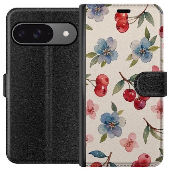 Google Pixel 9 Plånboksfodral Bär & Blommor – mönster med blå blommor och skogsbär