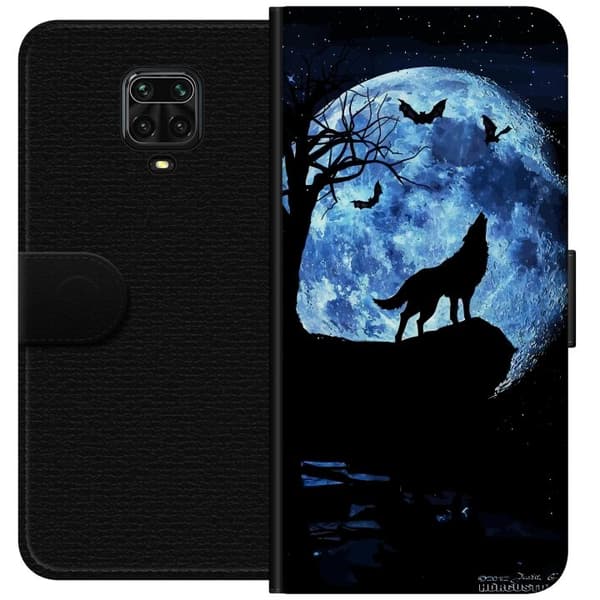 Kompatibelt Plånboksfodral till Xiaomi Redmi Note 9 Pro Siluett av ylande varg framför stor blå fullmåne med fladdermöss och träd blå