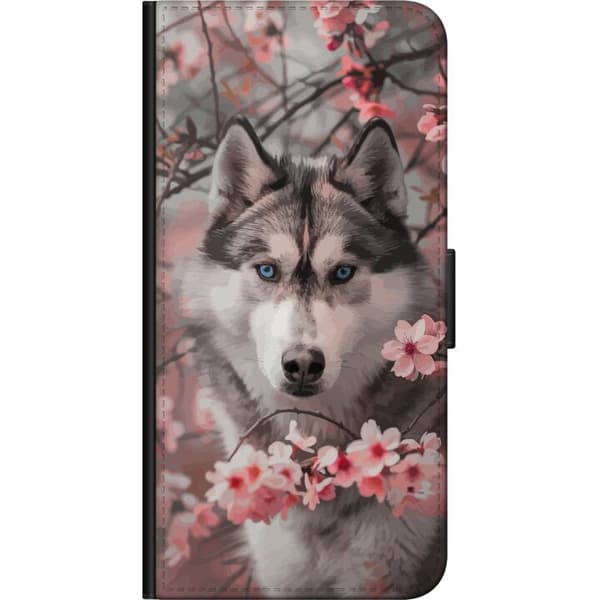 Kompatibelt Lommeboketui til OnePlus 7 Pro Husky blant rosa blomster - hundemotiv i grått og rosa grå