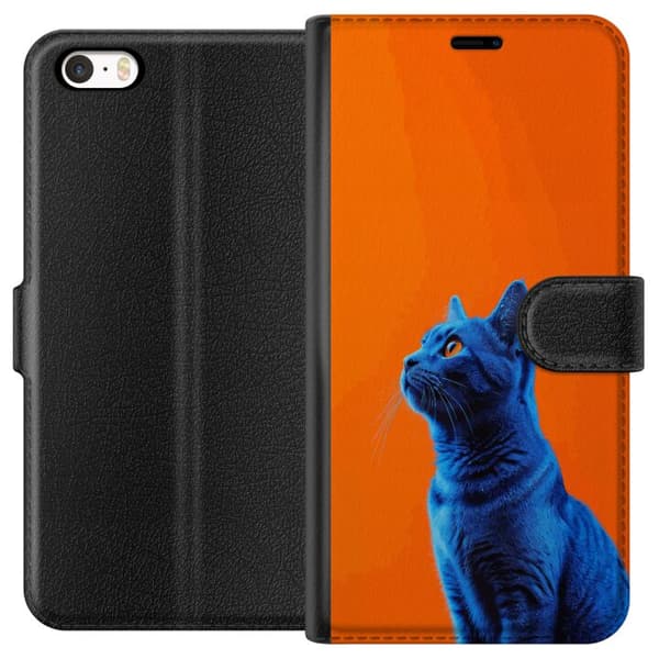 Kompatibel Tegnebogsetui til Apple iPhone 5s Blå kat med orange baggrund i moderne popkunststil blå