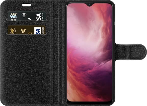 Kompatibel Tegnebogsetui til OnePlus 7 Stor blå blomst med lyserøde konturer, gule detaljer og teksten Perfect Is Boring blå