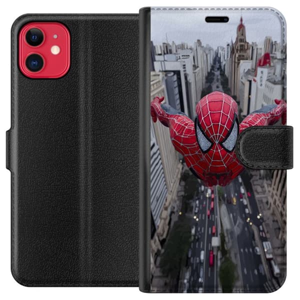 Kompatibelt Plånboksfodral till Apple iPhone 11 Spiderman flyger över stad Marvel superhero action scen city skyline dynamic pose comic hero red suit
