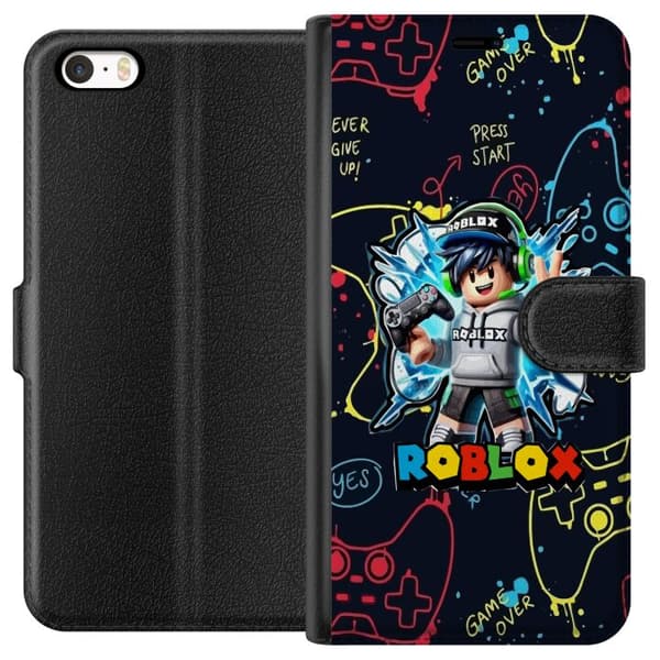 Kompatibel Tegnebogsetui til Apple iPhone 5 Gamerfigur med spilcontroller, hovedtelefoner og farverige neonillustrationer sort