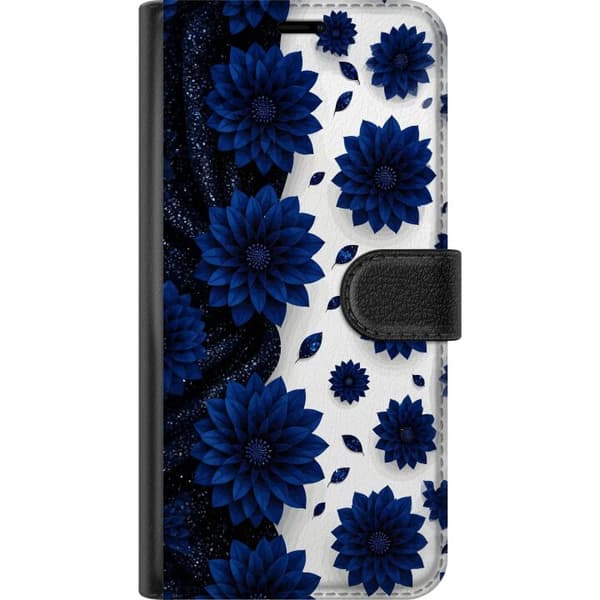 Kompatibel Tegnebogsetui til Google Pixel 11 Pro Store mørkeblå blomster og dekorative blade mod en kontrasterende hvid baggrund blå