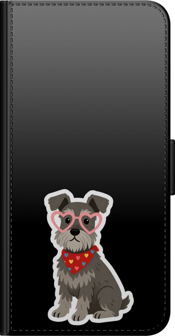 Kompatibelt Lommeboketui til Huawei P40 lite E Hjertebrillehund - Grått motiv med schnauzer med rosa hjertebriller. grå