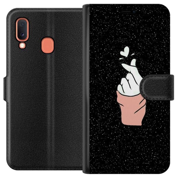 Kompatibelt Plånboksfodral till Samsung Galaxy A20e Minimal Hand Gesture med Hjärtan i Mörk Rymd