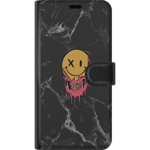 Kompatibel Tegnebogsetui til Apple iPhone 14 Plus Gul og lyserød smeltende smiley med skeletdetaljer på sort marmormønster sort