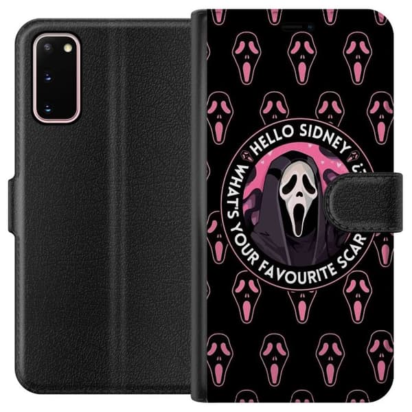 Kompatibel Tegnebogsetui til Samsung Galaxy S20 Sort og rosa skrækmotiv med maskerede figurer og teksten Hello Sidney sort