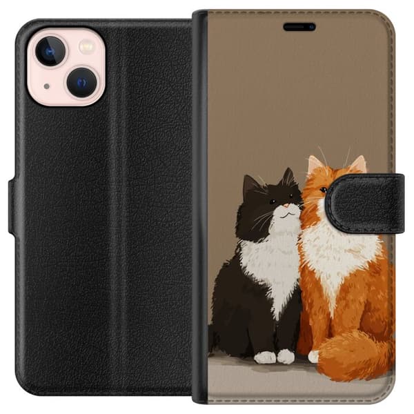 Kompatibel Tegnebogsetui til Apple iPhone 13 Illustrerede sort-hvide og orange-hvide katte sammen mod brun baggrund brun