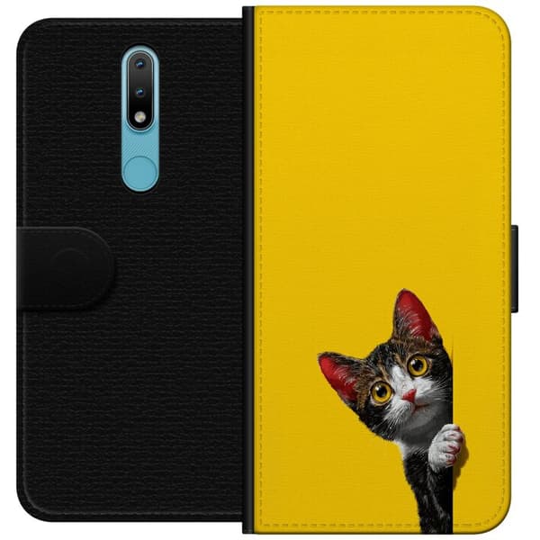 Kompatibel Tegnebogsetui til Nokia 2.4 Sød kat, der kigger ud mod gul minimalistisk baggrund gul