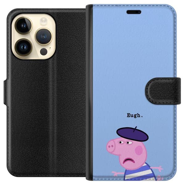 Kompatibel Tegnebogsetui til Apple iPhone 15 Pro Peppa Pig-motiv med lilla basker, stribet trøje og teksten Eugh på lyseblå baggrund blå