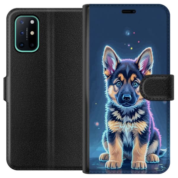 Kompatibelt Lommeboketui til OnePlus 8T Neonlyst schäfervalp med blå og lilla lys-effekter blå