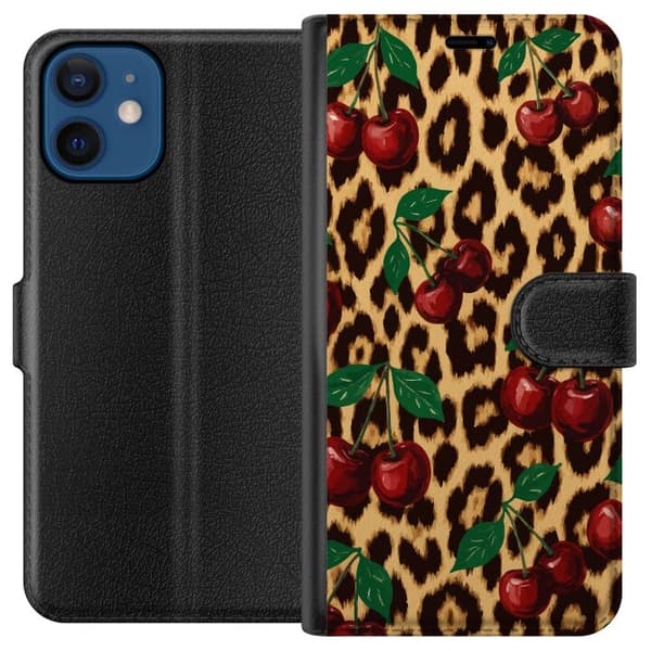 Kompatibel Tegnebogsetui til Apple iPhone 12 Kirsebær leopardmønster kirsebærtryk leopardbaggrund retro rockabilly pinup-stildesign