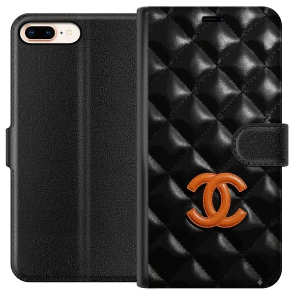 Kompatibel Tegnebogsetui til Apple iPhone 7 Plus Sort quiltet lædermønster med orange emblem og eksklusivt design sort