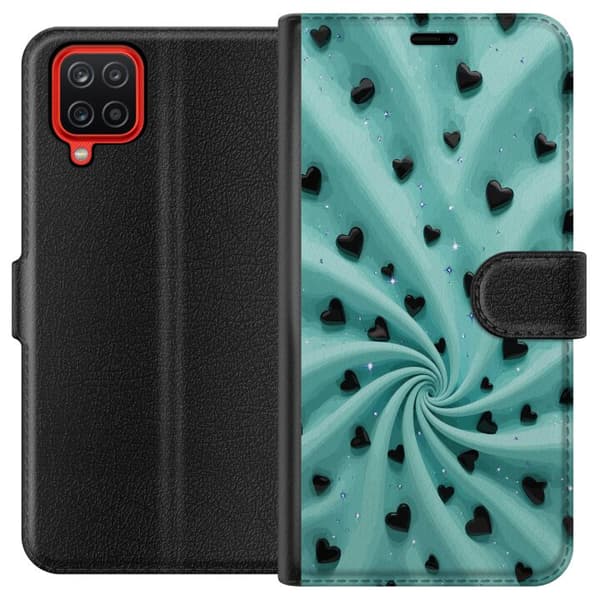 Kompatibel Tegnebogsetui til Samsung Galaxy A12 Turkis hvirvelbaggrund med sorte hjerter og glitrende stjerner turkis