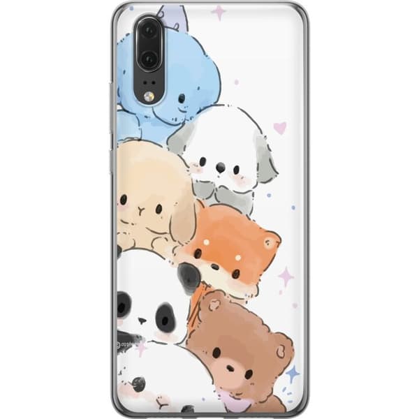 Kompatibel Mobilcover til Huawei P20 Pasteldyr i stak - dyreillustration på hvid baggrund hvid