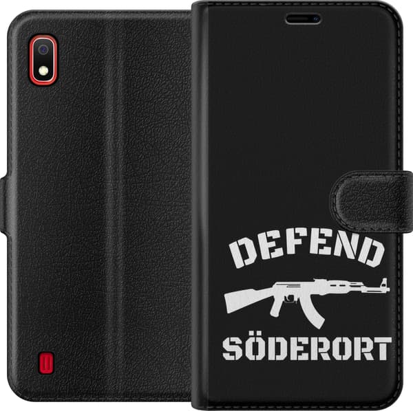 Kompatibel Tegnebogsetui til Samsung Galaxy A10 Sort Söderort - hvidt områdeslogan og hvid våbensilhuet på sort baggrund sort