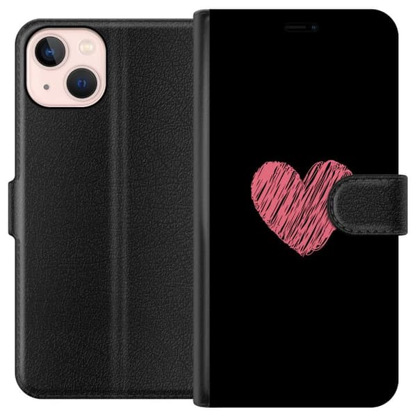 Kompatibel Tegnebogsetui til Apple iPhone 13 mini Håndtegnet lyserødt hjerte på sort minimalistisk baggrund
