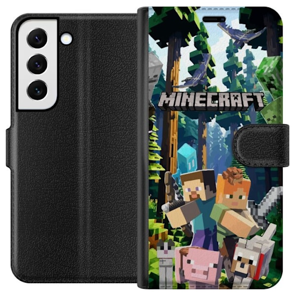 Samsung Galaxy S22 5G Plånboksfodral Minecraft mobilskal med skog och figurer i pixelstil